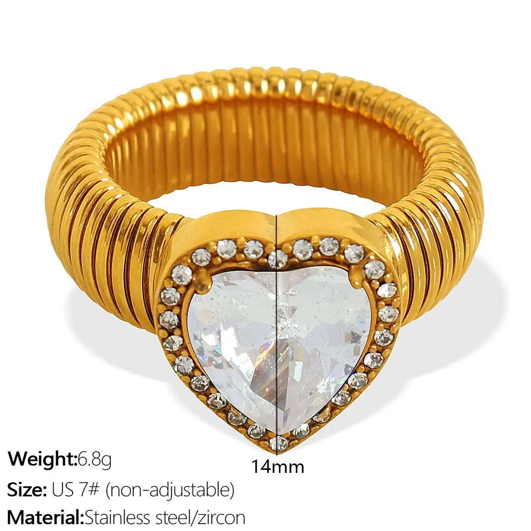 1 Piece Romantic Series Retro Heart Colorful Stainless Steel  Gold Color Plated Zircon Women's Gemstone Rings h5 